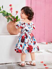 SHEIN Leap Crew Vestido de playa para bebé niña con patrón floral con volantes, hombros descubiertos y cintura ceñida - Multicolor - Ver 2
