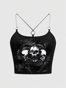 ROMWE Grunge Punk 骷髅印花链条细节吊带背心，学校 - 黑色 - 查看 1
