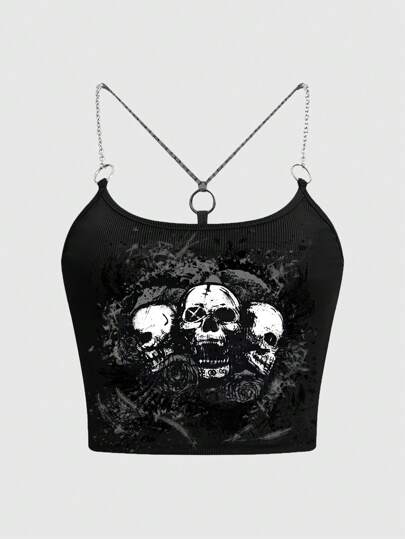Grunge Punk Top à fines bretelles avec détail de chaîne et imprimé crâne, école