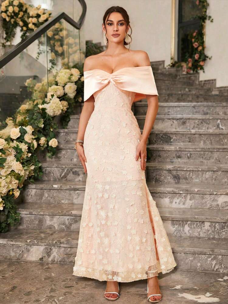 Elegant & Gorgeous Off Shoulder Dress With Floral Detailing For Evening Party