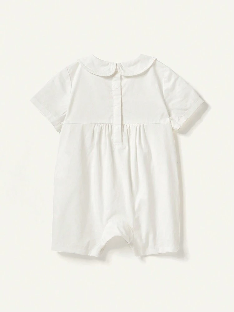 Baby Girl Elegant Casual Peter Pan Collar Floral Romper With Short Sleeve And Button Closure