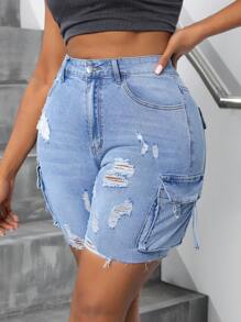 SHEIN SXY Plus Size Women's Workwear Style Denim Shorts With Distressed Finish And Multiple Pockets