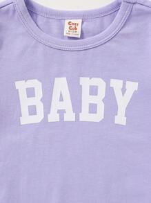 Cozy Pixies Baby Girl Soft Knit Letter Pattern Round Neck Short Sleeve Top 2pcs/Set