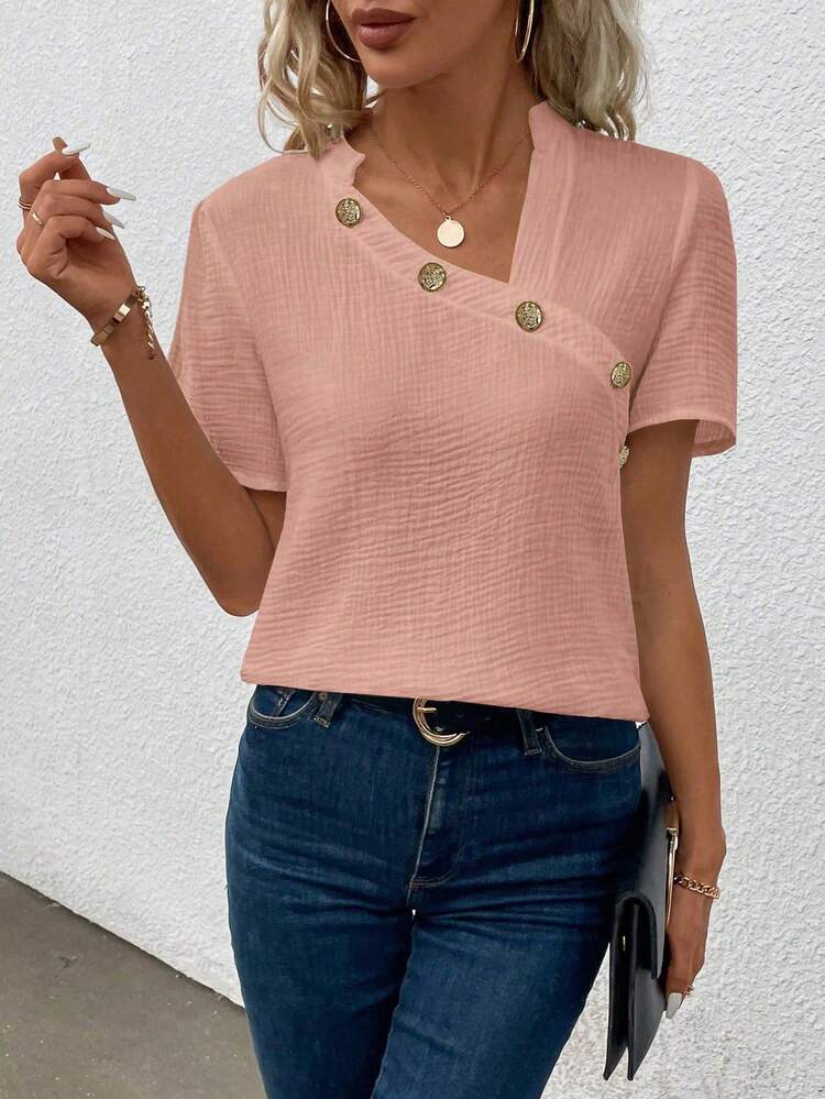 Asymmetric Collar Solid Color Short-Sleeve Shirt
