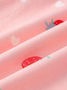 Cozy Pixies Conjunto de 4 piezas para bebé niña con patrón de fresas y ribete de volantes con decoración de lazo en la parte superior de manga corta y pantalones cortos a juego