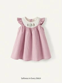 Cozy Pixies 嬰兒女童休閒花卉刺繡對比色圓領荷葉邊裙裝