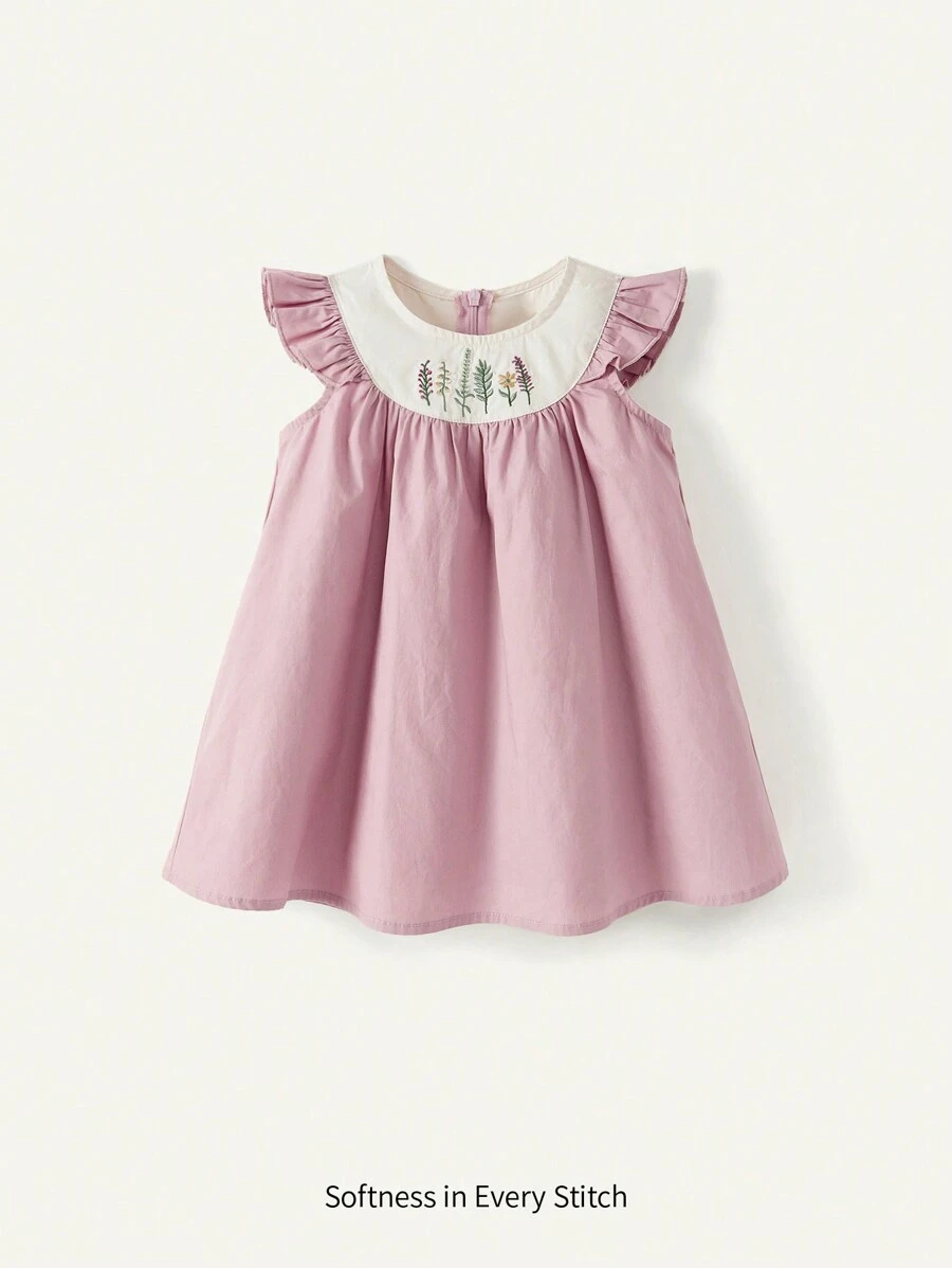 Cozy Pixies 嬰兒女童休閒花卉刺繡對比色圓領荷葉邊裙裝