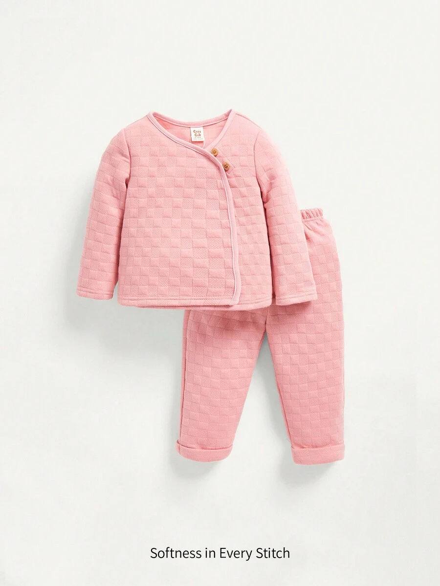 Bebé niña Pantalones con camiseta unicolor con botón delantero - Rosa - Ver 1