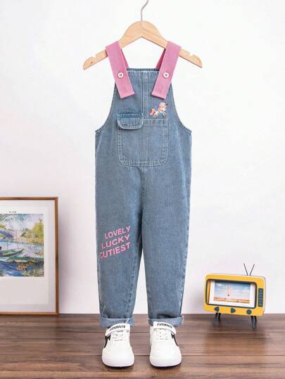 Toddler Girls Unicorn & Letter Graphic Denim Dungarees
