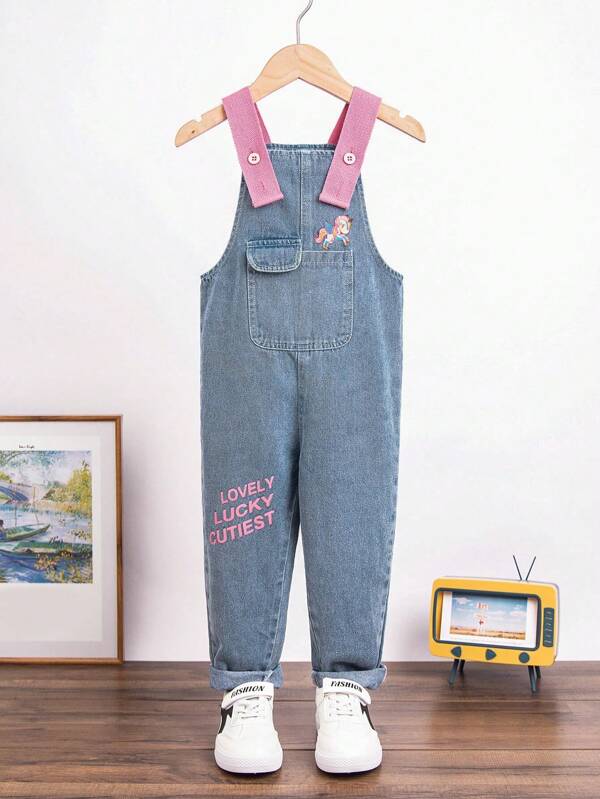 Young Girl Unicorn & Letter Graphic Denim Overalls