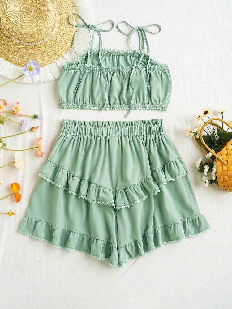 Plus Size Women's Bandage Cami Top And Frill Hem Shorts Set