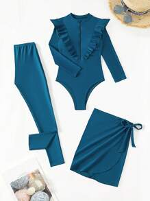 Swim Mulvari Women's Summer Beach Burkini Half Zipper Ruffle Trim Burkini Set - Teal Blue - View 4