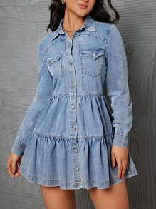 SHEIN Privé Waist-Cinching Denim Dress - Light Wash - View 4