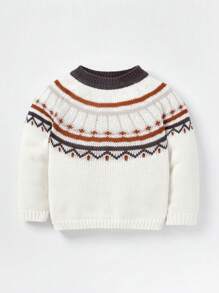 Baby's Casual Round Neck Jacquard Sweater With Long Sleeve - White - View 6