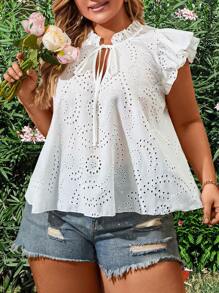 SHEIN SunnyBelle Plus Size Women Summer Loose Shirt With Tie Neckline And Flutter Sleeves With Frill Edges - White - View 4