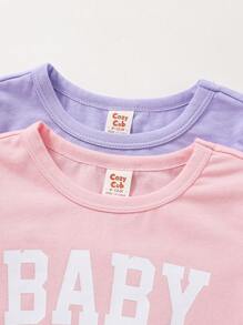 Cozy Pixies Baby Girl Soft Knit Letter Pattern Round Neck Short Sleeve Top 2pcs/Set