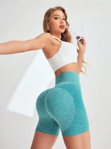 Yoga Basic 高腰彈力桃臀運動短褲,適用於健身和瑜珈 - 綠色 - 查看 3