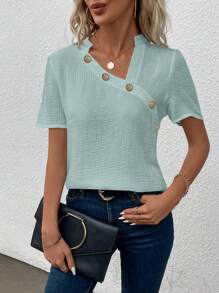 SHEIN LUNE Spring/Summer Solid Color Short Sleeve Shirt With Asymmetric Collar Design & Decorative Buttons - Mint Green - View 3