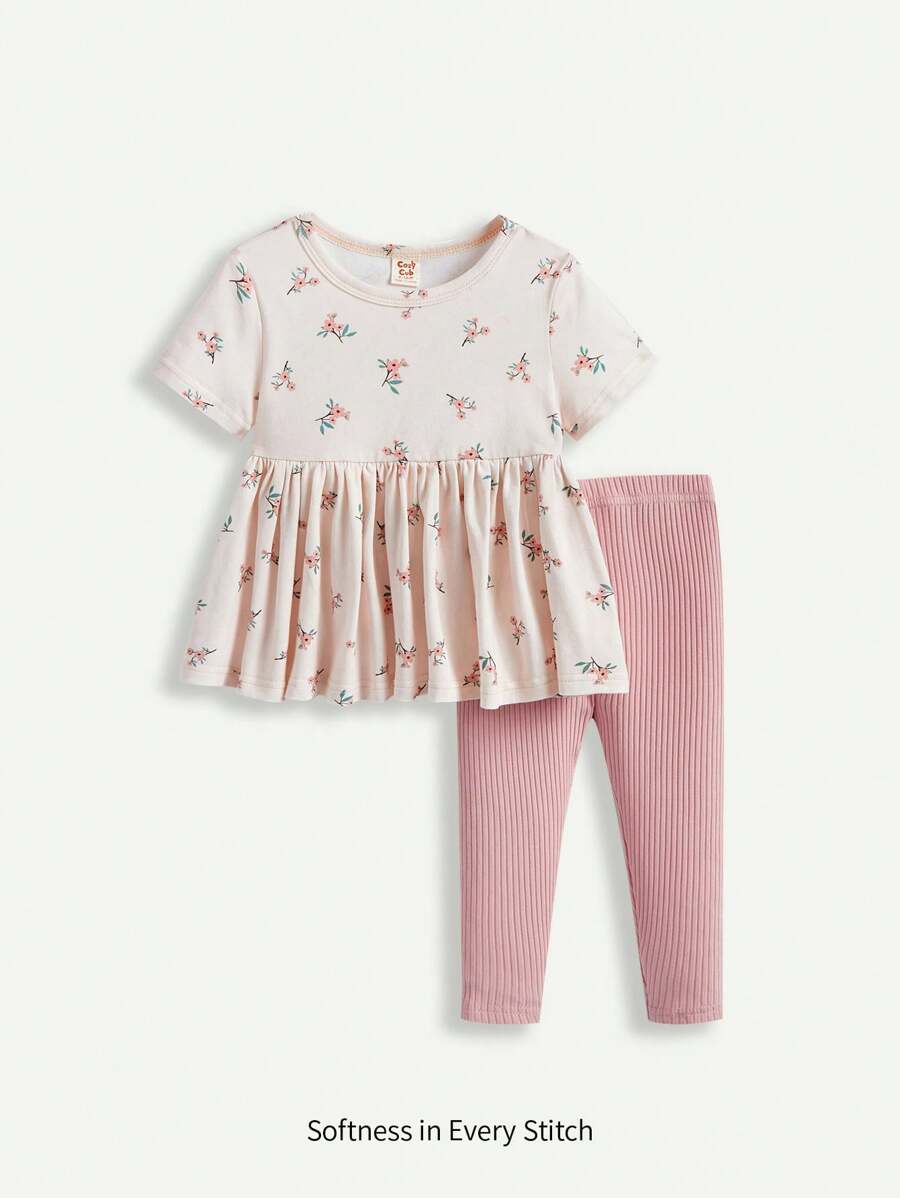 Cozy Pixies Baby Girl Floral Pattern Round Neck Short Sleeve Top With Elastic Waistband And Pants Set - Pink - View 1