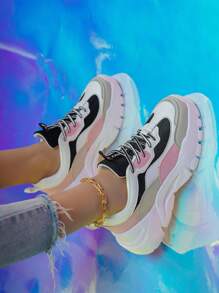 Women Colorblock Lace-up Front Chunky Sneakers, Round Toe Sporty Shoes For Daily - Multicolor - View 3
