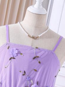 SHEIN 少女優雅網紗荷葉邊3D花朵蓬蓬公主禮服，低高大擺設計，適用於婚禮派對，春夏季 - 淡紫色 - 查看 3