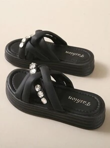 Giày cao gót nêm trang trí bằng kim cương giả thời trang & Dép hở ngón đáy dày, thoải mái khi mang hàng ngày và ngoài trời, thích hợp cho bé gái - màu đen - Xem 2