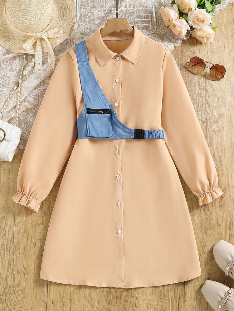 Tween Girl Crossbody Vest Bag, Fashionable Shirt Dress