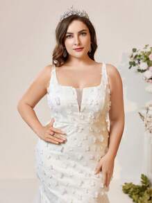 SHEIN Belle Thanh lịch Và Thanh lịch, Đơn giản, Vai rộng, Cổ vuông, Cổ chữ V, Khâu lưới, Cúp ngực, Xương cá ba chiều, Hoa ba chiều, Thông minh và thanh lịch, Eo cao, Miếng vải tuyn đuôi cá giảm béo, Chiều dài sàn cực dài Váy cưới, Đám cưới du lịch nghỉ dưỡng, Đám cưới trên bãi biển, Đám cưới bãi cỏ ngoài trời, Váy cưới - trắng - Xem 2