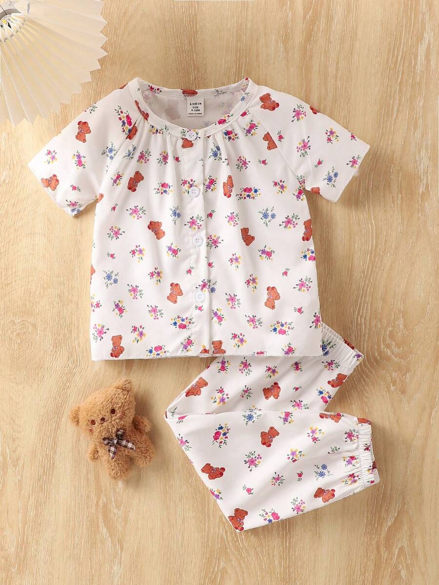 Conjunto Casual de 2 Peças de Roupas Simples e Adoráveis para Bebê Menina com Topo de Mangas Curtas com Estampa de Flor e Urso e Calça Longa com Gola Redonda - Branco - Ver 1