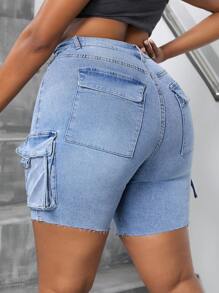 SHEIN SXY Plus Size Women's Workwear Style Denim Shorts With Distressed Finish And Multiple Pockets