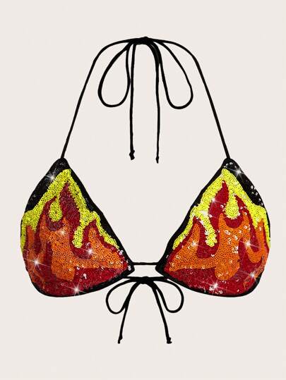 SHEIN ICON Women's Y2k  Music Festival Rave Country Concert Summer Sequin Flame Pattern Beaded Neck Strap Bikini Top