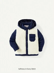 男孩雙色連帽毛絨面板連帽絨毛外套馬甲 - 寶藍色 - 查看 1
