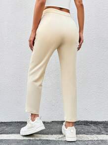 SHEIN PETITE Women's Solid Color Edging Decorated Long Pants - Beige - View 2
