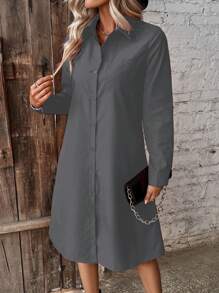 SHEIN LUNE Spring Casual Front Button Shirt Dress With Pockets - Grey - View 5