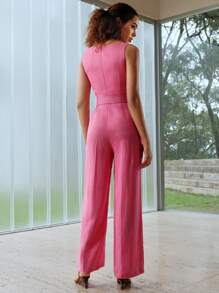 MOTF PREMIUM Tuta In Lino Puro A Tinta Unita Con Scollo A Quadrato, Senza Maniche E Con Cintura