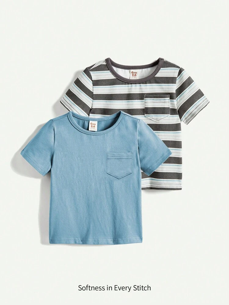Baby Boy Striped Pattern Round Collar Decorative Pocket Short Sleeve Top 2pcs/Set