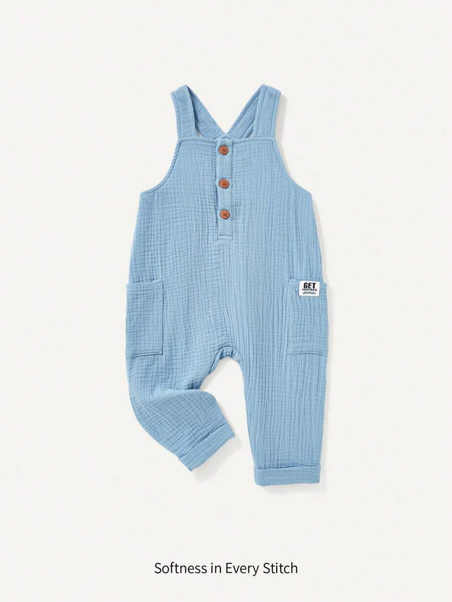 Cozy Pixies 男嬰純色背帶褲,附補丁細節與連結封口 - 藍色 - 查看 1