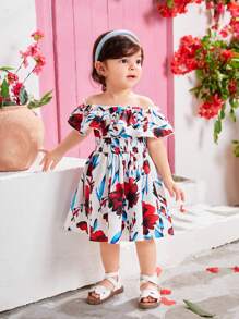 SHEIN Leap Crew Vestido de playa para bebé niña con patrón floral con volantes, hombros descubiertos y cintura ceñida - Multicolor - Ver 6