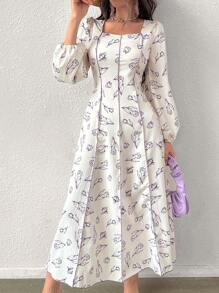 Modelyn Vestido largo con estampado de flores, mangas farol y cintura fruncida, en forma de corazón en el cuello, para uso formal y vestidos de noche para mujeres