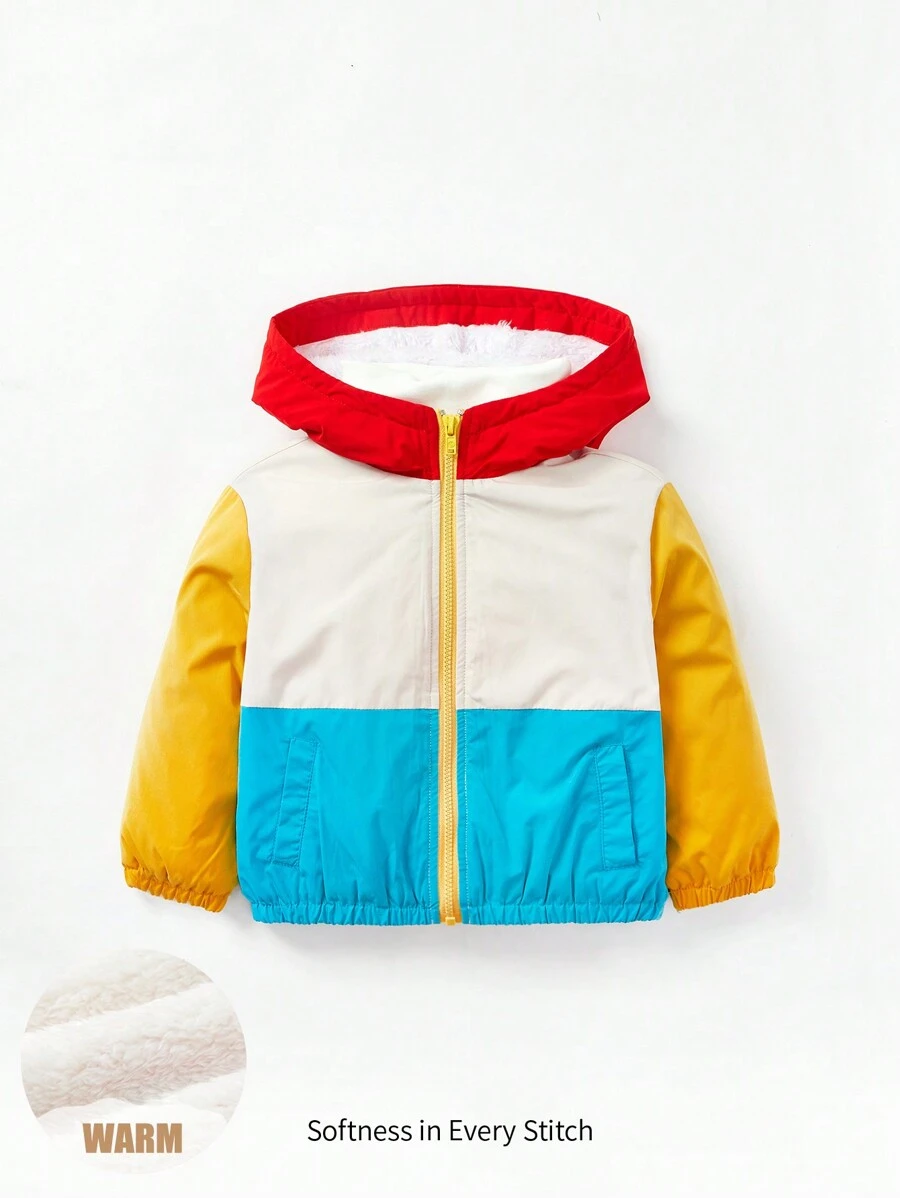 Cozy Pixies Infant Thick Hooded Color Block Fleece Jacket With Front Pockets And Long Sleeves - Multicolor - View 1