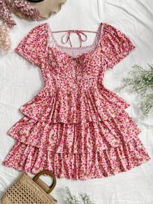 Dreamara Kích thước lớn Của phụ nữ Kỳ nghỉ Phong cách Ngắn tay Cổ Trái tim In hoa Váy Bodycon mini - Nhiều màu - Xem 1
