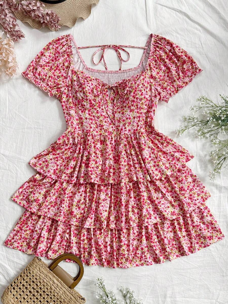 Dreamara Kích thước lớn Của phụ nữ Kỳ nghỉ Phong cách Ngắn tay Cổ Trái tim In hoa Váy Bodycon mini - Nhiều màu - Xem 1