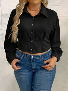 Calvaya Blus Ukuran Plus Tombol Tombol Depan Plain Casual - Hitam - View 4