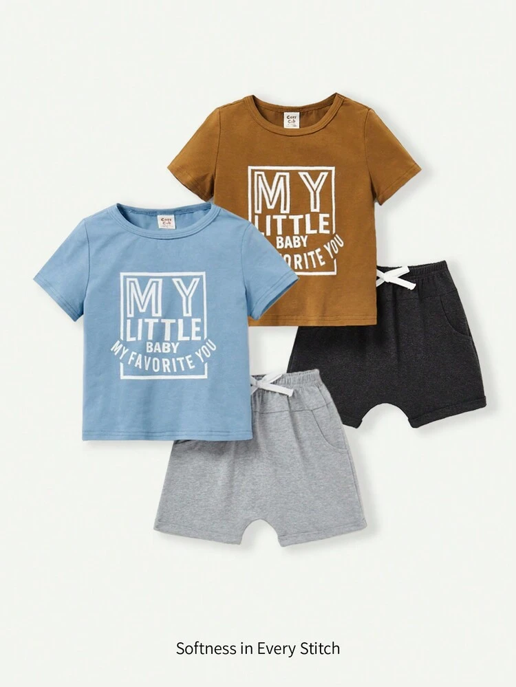 4pcs/Set Baby Boy's Letter Print Round Neck Short Sleeve T-Shirt With Straight Shoulders And Solid Color Casual Shorts Matching Set