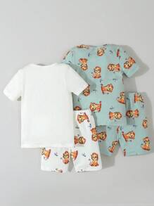 2pcs Young Boy Simple Cute Monkey Print Crew Neck Short Sleeve T-Shirt & Shorts Set, Relaxed Fit Snug Fit Pajamas