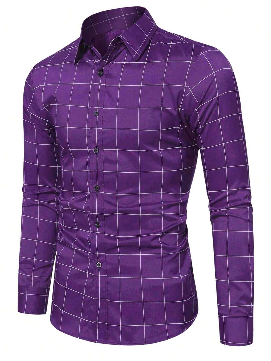 Men's Purple Plaid Long Sleeve Shirt - Purple - View 1