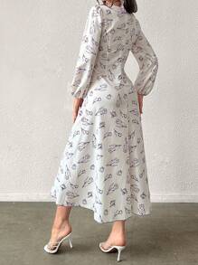 Modelyn Vestido largo con estampado de flores, mangas farol y cintura fruncida, en forma de corazón en el cuello, para uso formal y vestidos de noche para mujeres