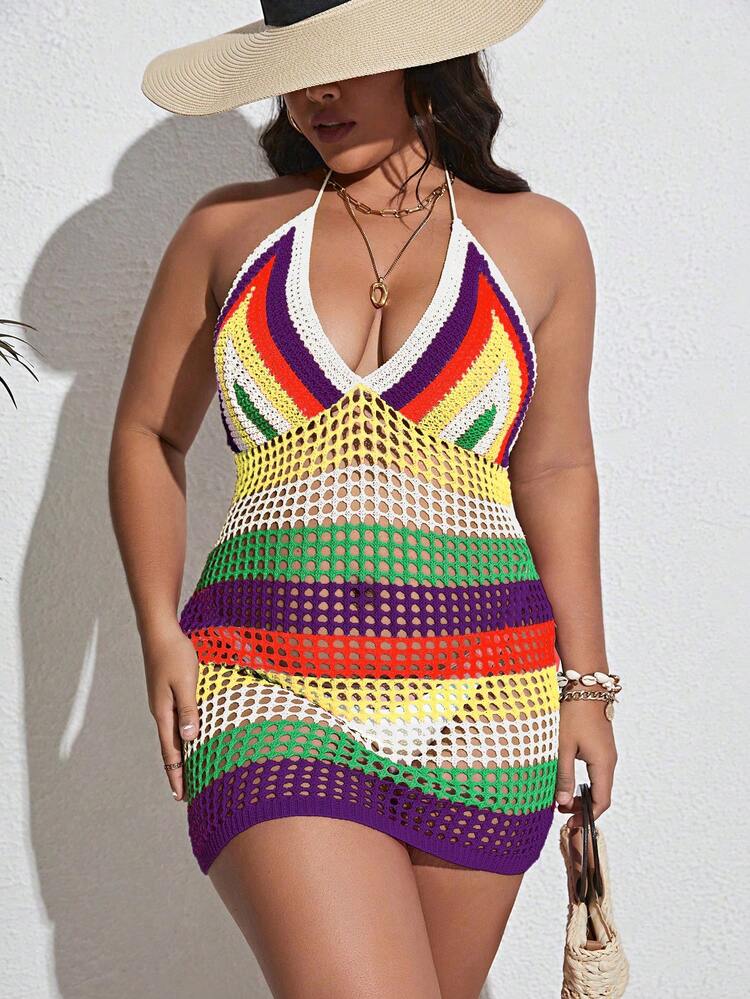 Plus Size Women Fashionable Hollow Out Multicolor Striped Halterneck Design Cover-Up Summer