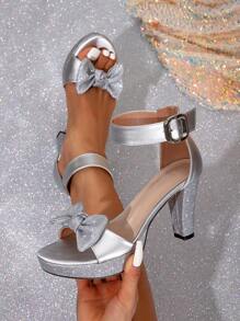 Women's Silver High Heel Waterproof Platform Sandals With Shiny Bowknot, Ankle Strap, Chunky Heel And Thick Sole, Comfortable Shoes - Silver - View 1