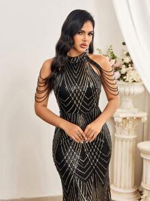 SHEIN Belle Elegant Luxury Party Black Gold Positioned Sequins Baby Stand Collar Bra Cups Tassels Handmade Beading Drop Sleeves Fitted Arms High Waist Knee Floor Mermaid Dress Date Party Graduation Wedding Events Music Festival Heavy Duty Evening Gown - Black - View 1